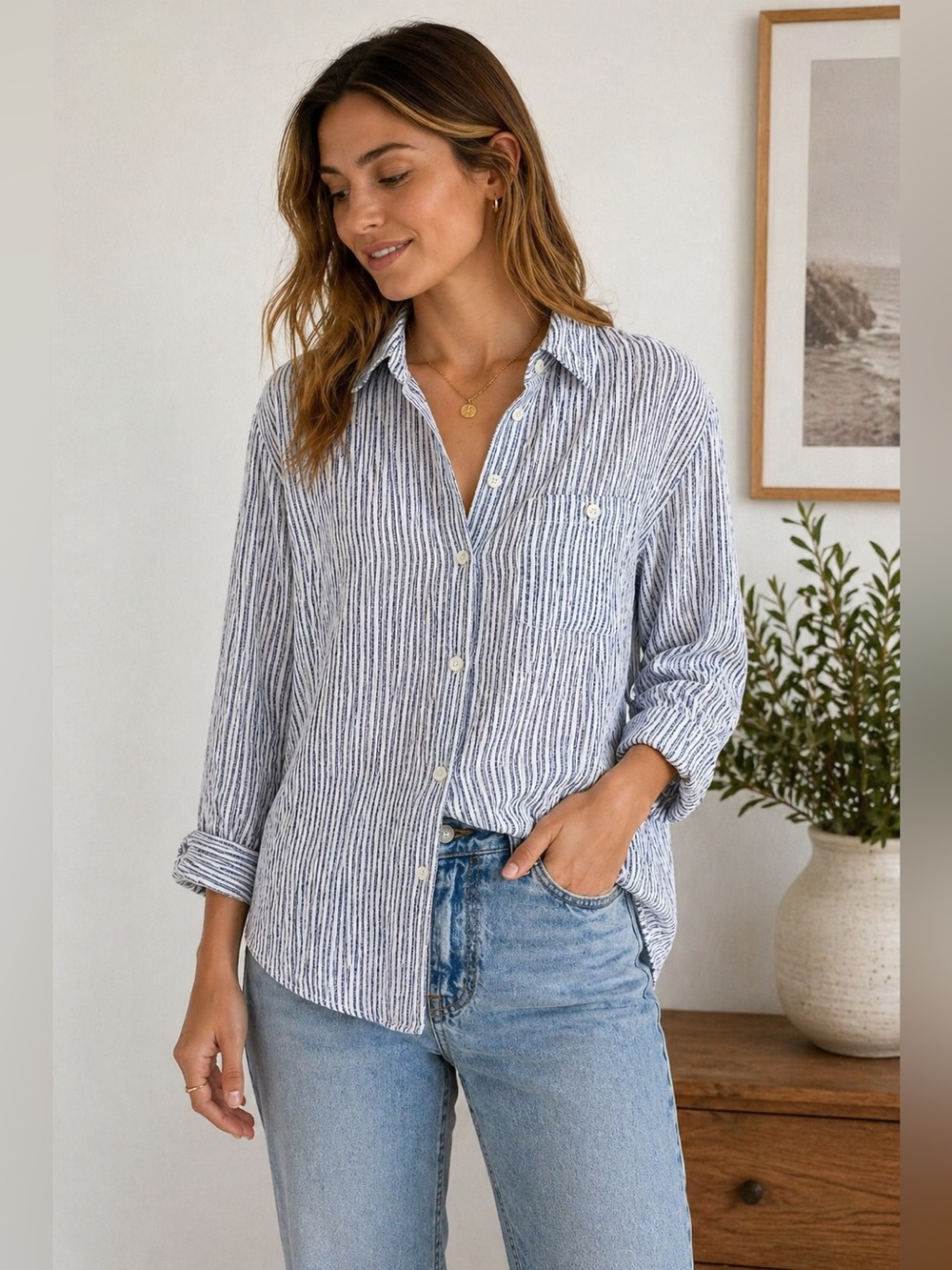 Madewell 100% Linen Striped Button Up Shirt Blue White Relaxed Small NWT - Picture 8 of 8